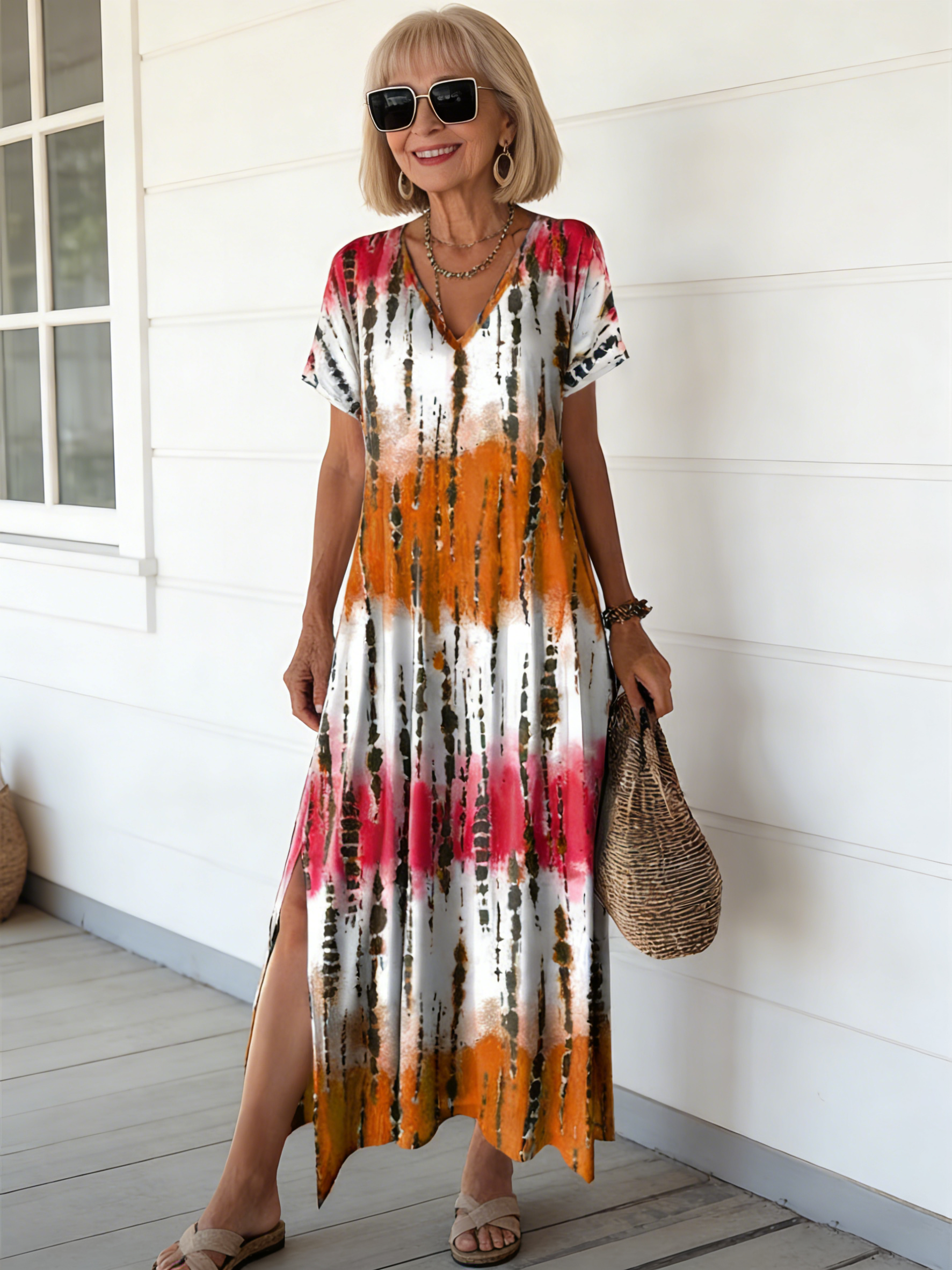 Tie Dye V-neck Dress, Elegant Split Short Sleeve Dress For Spring & Summer, Women's Clothing