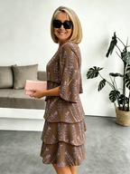 Lavender Chiffon Vacation Prints Color Round Neck Cake Skirt Splicing Dress Mid-length