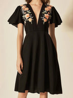 Elegant Black Chiffon Dress with Shoulder Embroidery