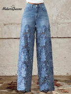 Women's Mid Waist Buttoned Lace Patchwork Jeans