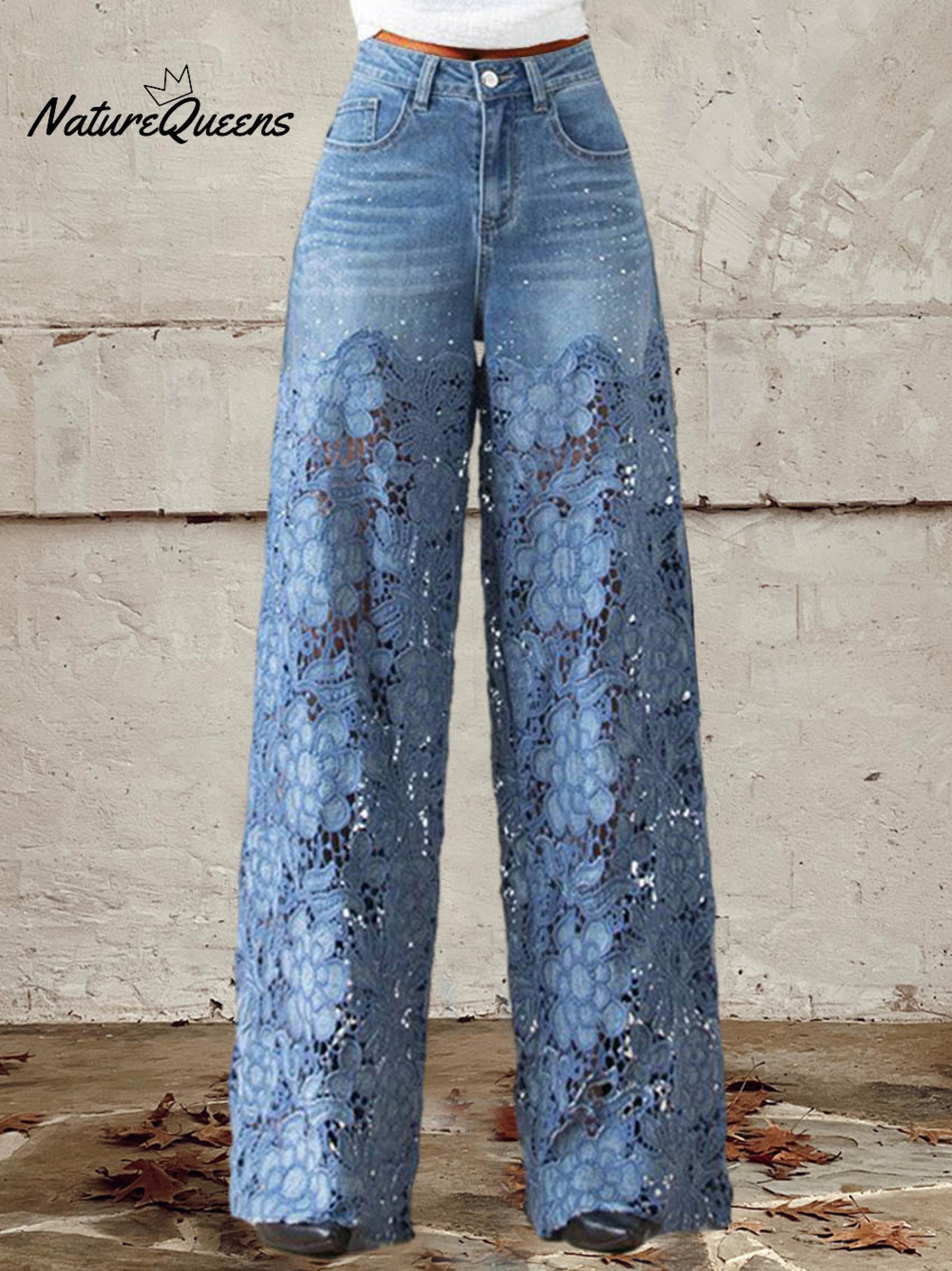 Women's Mid Waist Buttoned Lace Patchwork Jeans