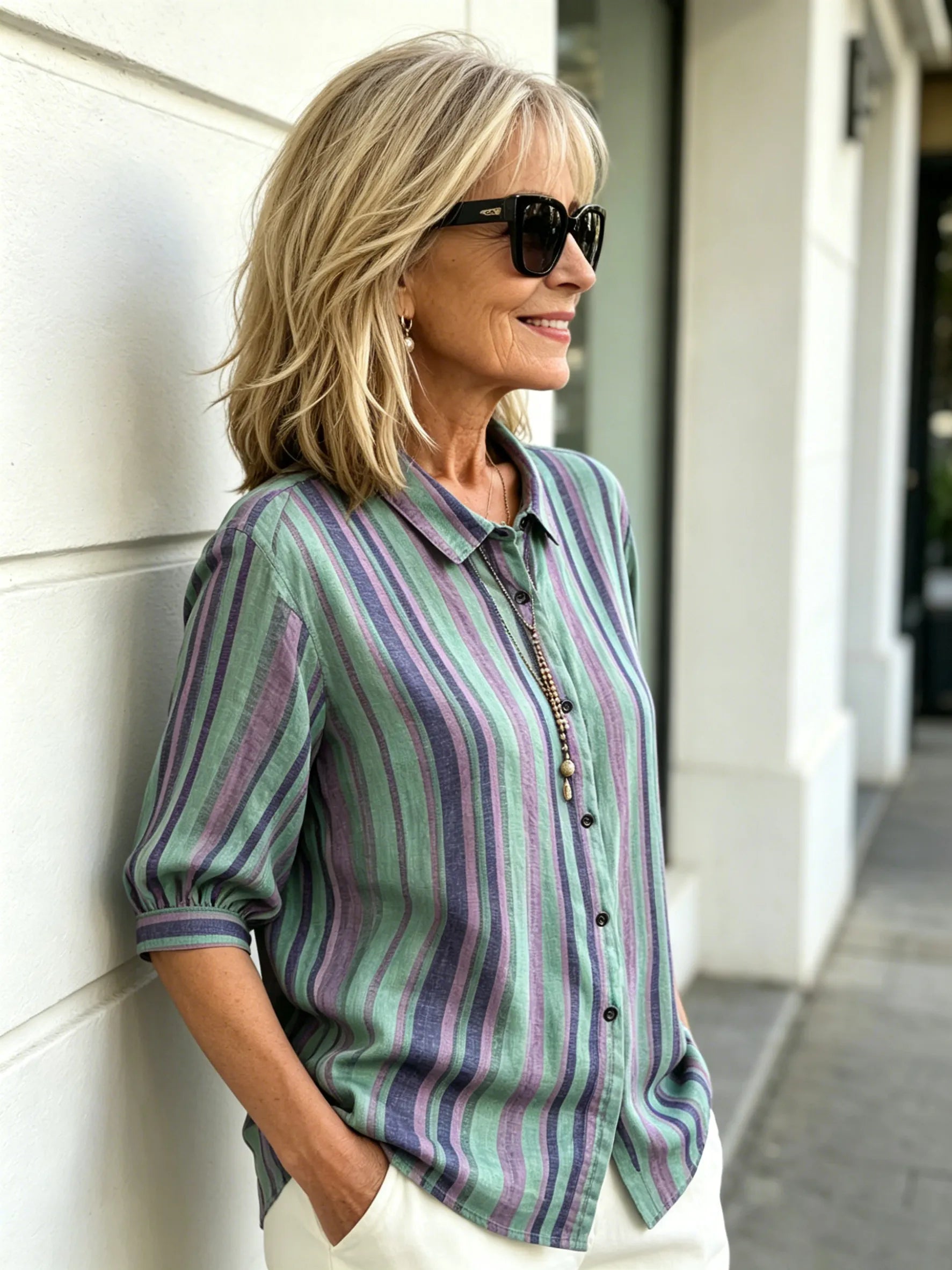 Contrasting Striped Shirt Lapel Single-breasted Medium Sleeve Top Women's Shirt