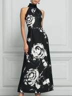 Elegant Black Halter Maxi Dress With White Rose Print