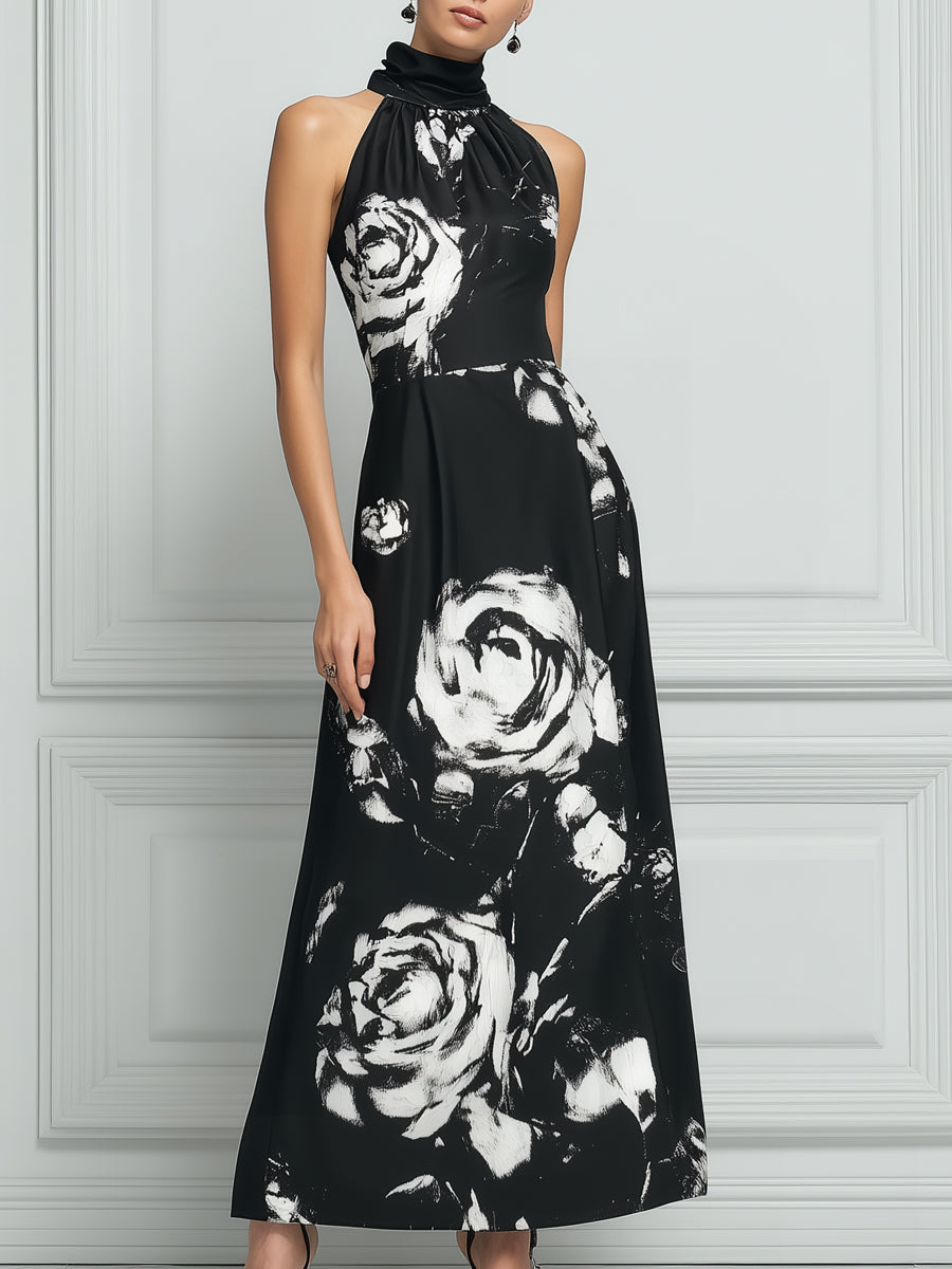 Elegant Black Halter Maxi Dress With White Rose Print