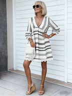 Lace Cuff Dress Deep V Cotton and Linen Breathable Dress
