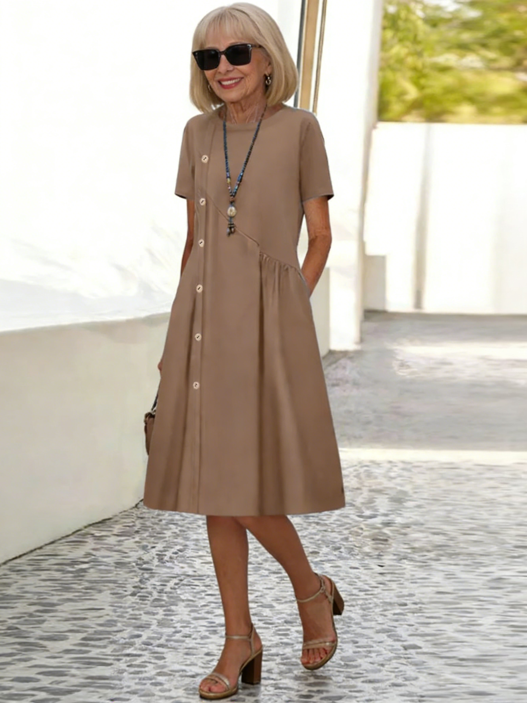 Dress Casual Button Trim Shrink Pocket Medium Long Dress