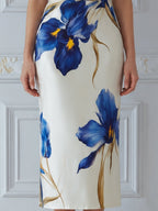 Cross Halter Keyhole Neck Floral Print Fitted Midi Dress