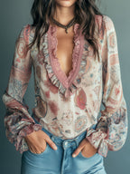 Vintage Bohemian Dusty Rose Lace-Trimmed Chiffon Blouse