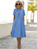 Dress Casual Button Trim Shrink Pocket Medium Long Dress