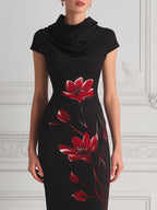 Black Cowl Neck Red Floral Print Bodycon Midi Dress