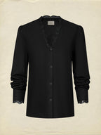 Linen Shirt, Half Sleeve, V Neck, Plain, Lace, French Vintage, Black