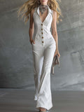 Elegant Retro V-Neck Front-Button White Denim Jumpsuit
