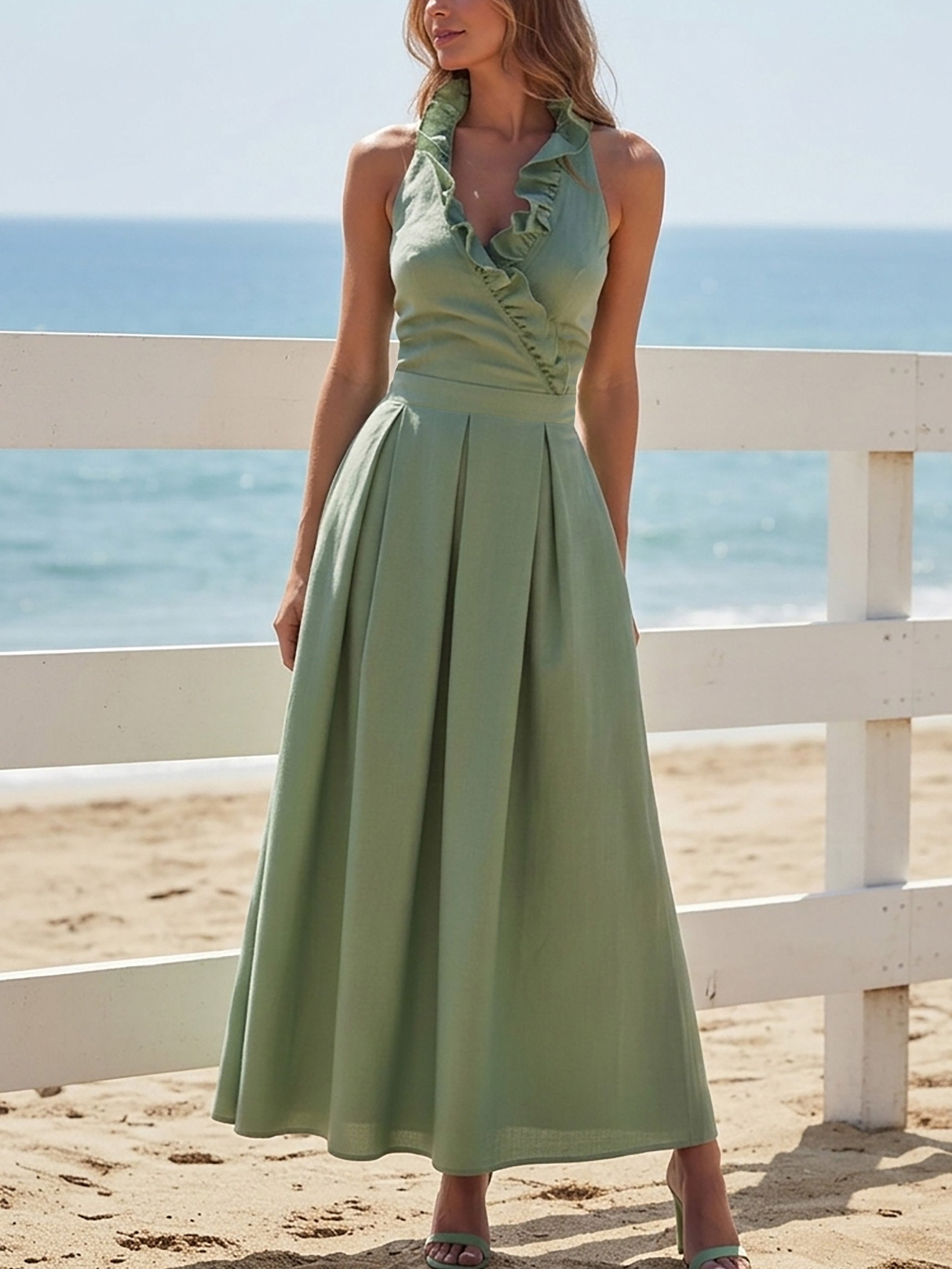 Maxi Linen Dress, Sleeveless, V Neck, Plain, Ruffles, French Vintage, Green