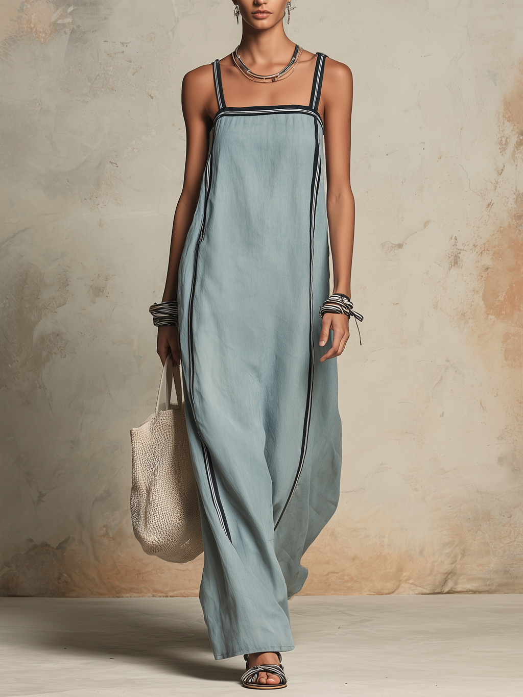 Light Blue Denim Striped Trim Maxi Slip Dress