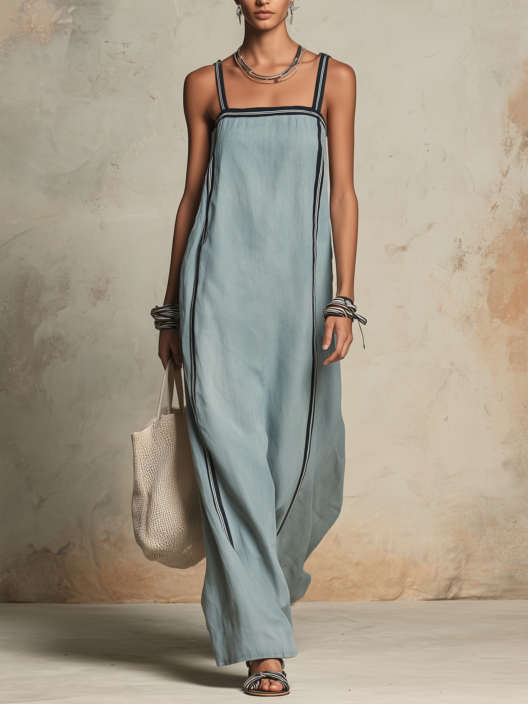Light Blue Denim Striped Trim Maxi Slip Dress