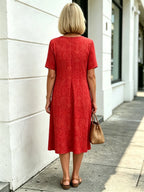 Blue Paisley Print Loose Midi Dress, Round Neck Short Sleeve Tummy Concealing Slimming Temperament Dress for Mature Women