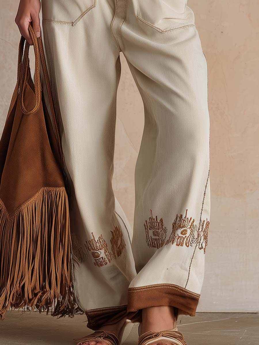 Retro Western Versatile Beige Cropped Jeans Pants