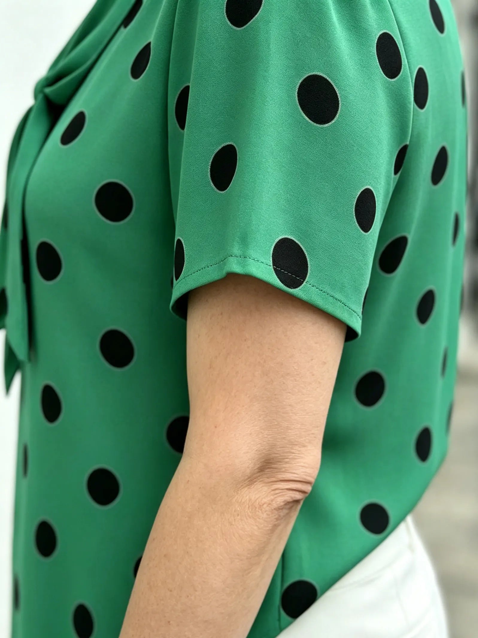 Yellow Polka Dot Chiffon Blouse, V Neck Front Tie Short Sleeve Loose Tummy Concealing Shirt for Mature Women