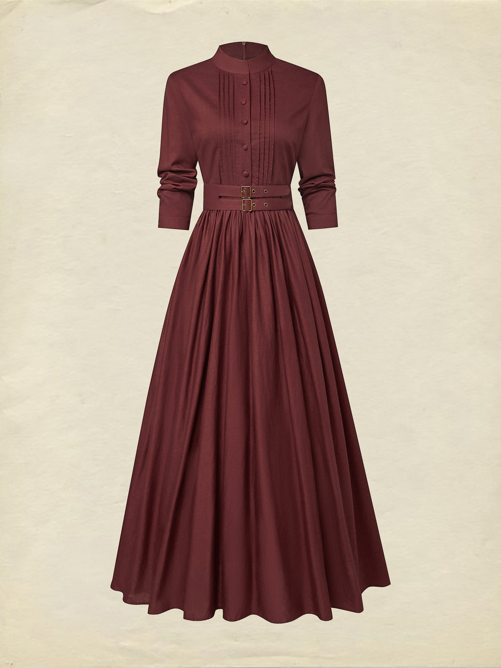 Maxi Linen Dress, Long Sleeves, Stand Collar, Plain, Button Design, Vintage, Red