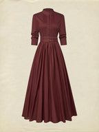Maxi Linen Dress, Long Sleeves, Stand Collar, Plain, Button Design, Vintage, Red
