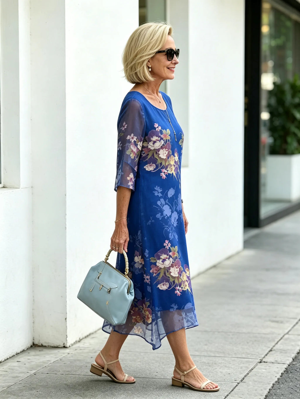 Blue Floral Print Mesh Layered Midi Dress, Round Neck 3/4 Sleeve Loose Tummy Concealing Mother Dress for Mature Women