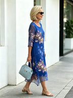 Blue Floral Print Mesh Layered Midi Dress, Round Neck 3/4 Sleeve Loose Tummy Concealing Mother Dress for Mature Women