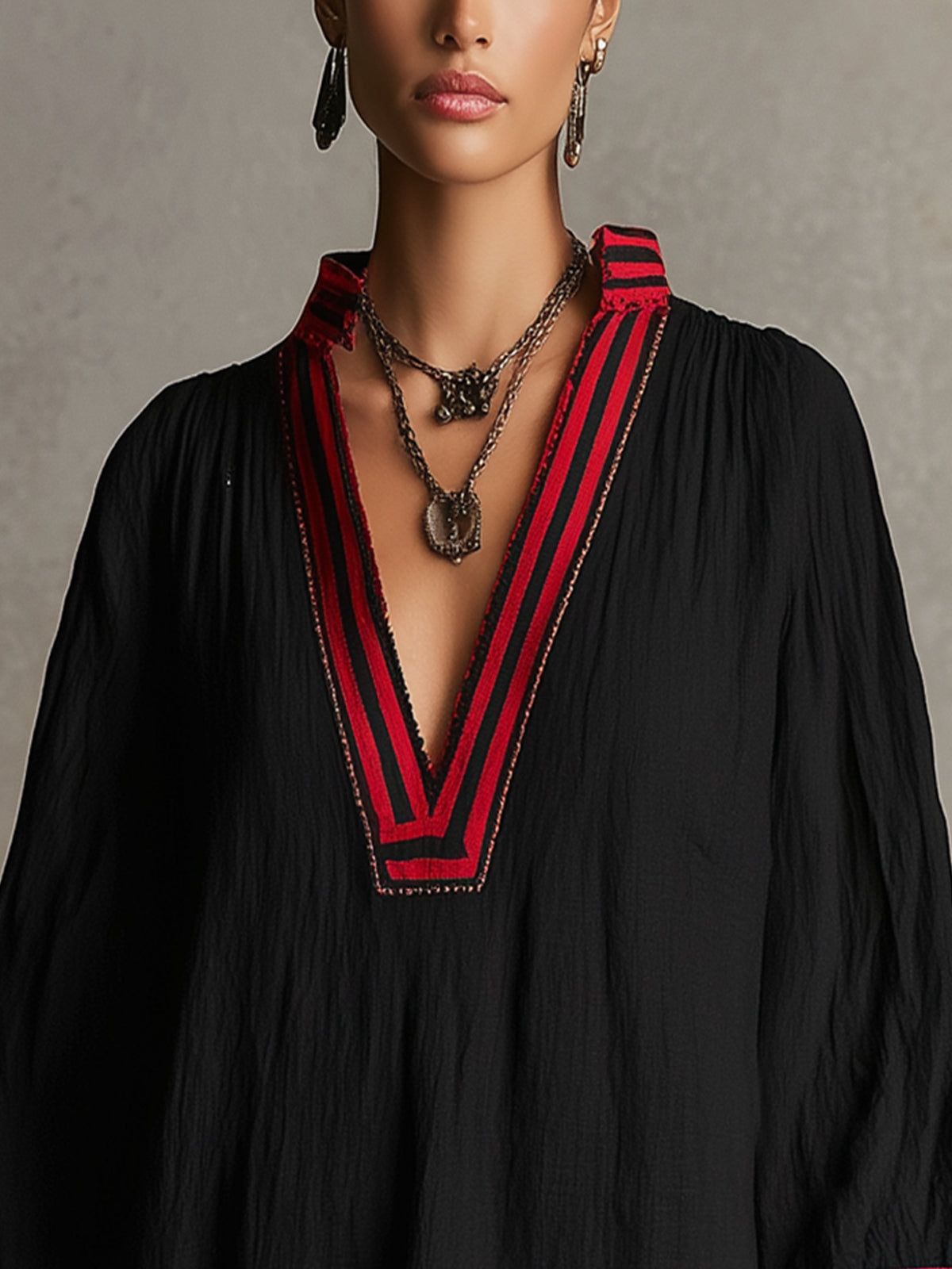 Black V-Neck Mini Dress With Red Lace Trim