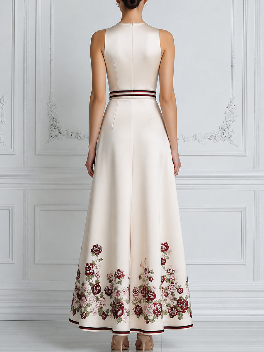 Deep V-Neck Draped Waist Floral Hem A-Line Maxi Dress