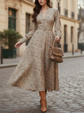 Midi Linen Dress, Long Sleeves, V Neck, Floral, Belt Design, Vintage, Khaki