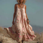 Boho Pink Roses Floral Embroidered Flowy Linen Maxi Dress