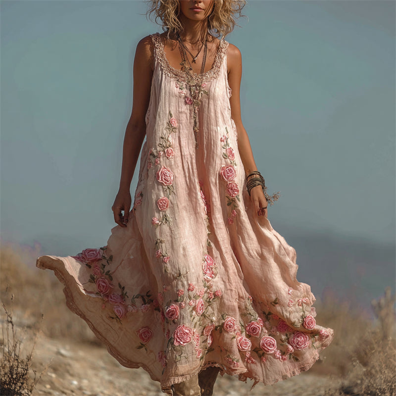 Boho Pink Roses Floral Embroidered Flowy Linen Maxi Dress