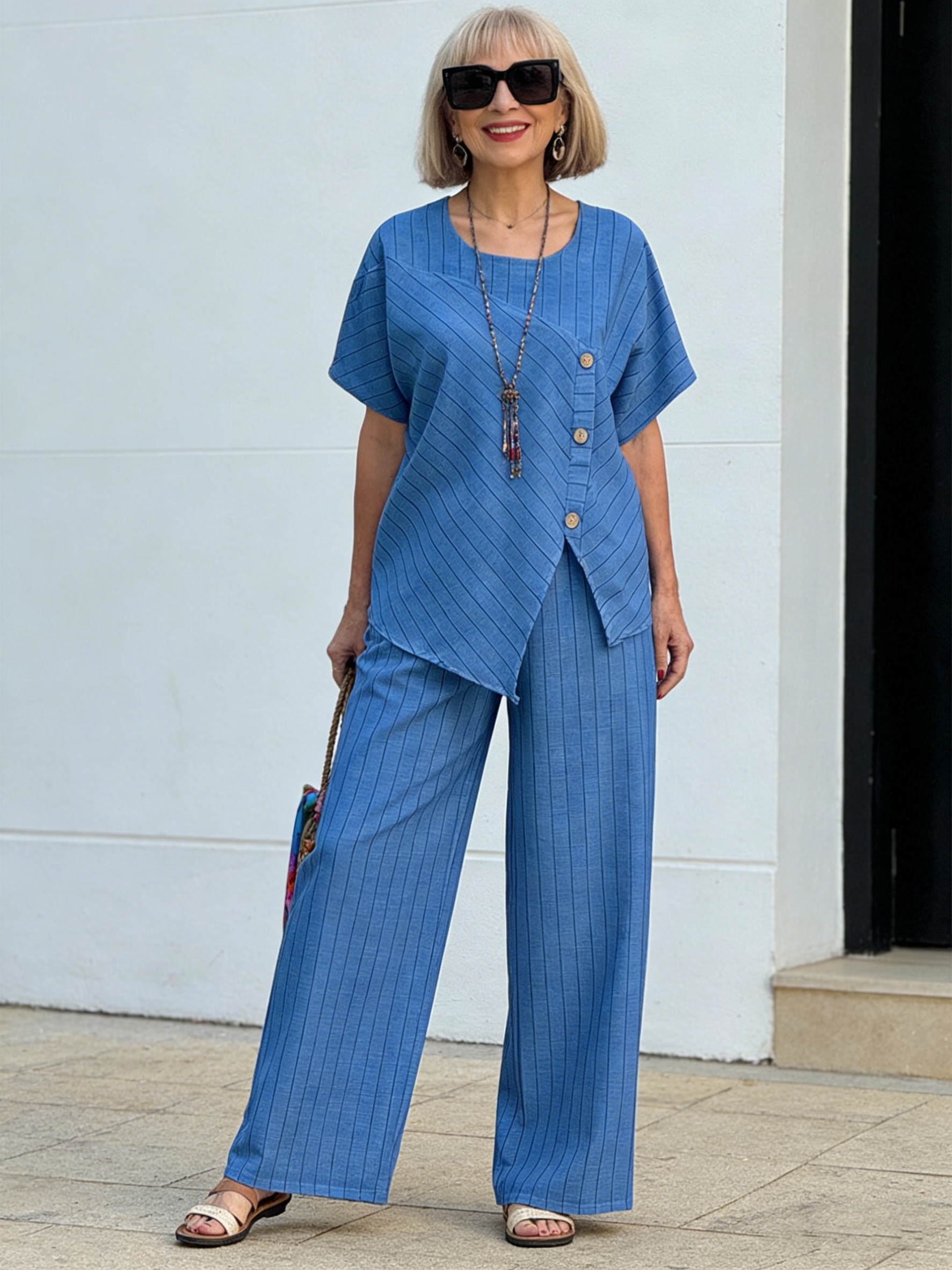 2Pcs Striped Short-sleeved Trousers Shirt Loose Pants Two-piece Set