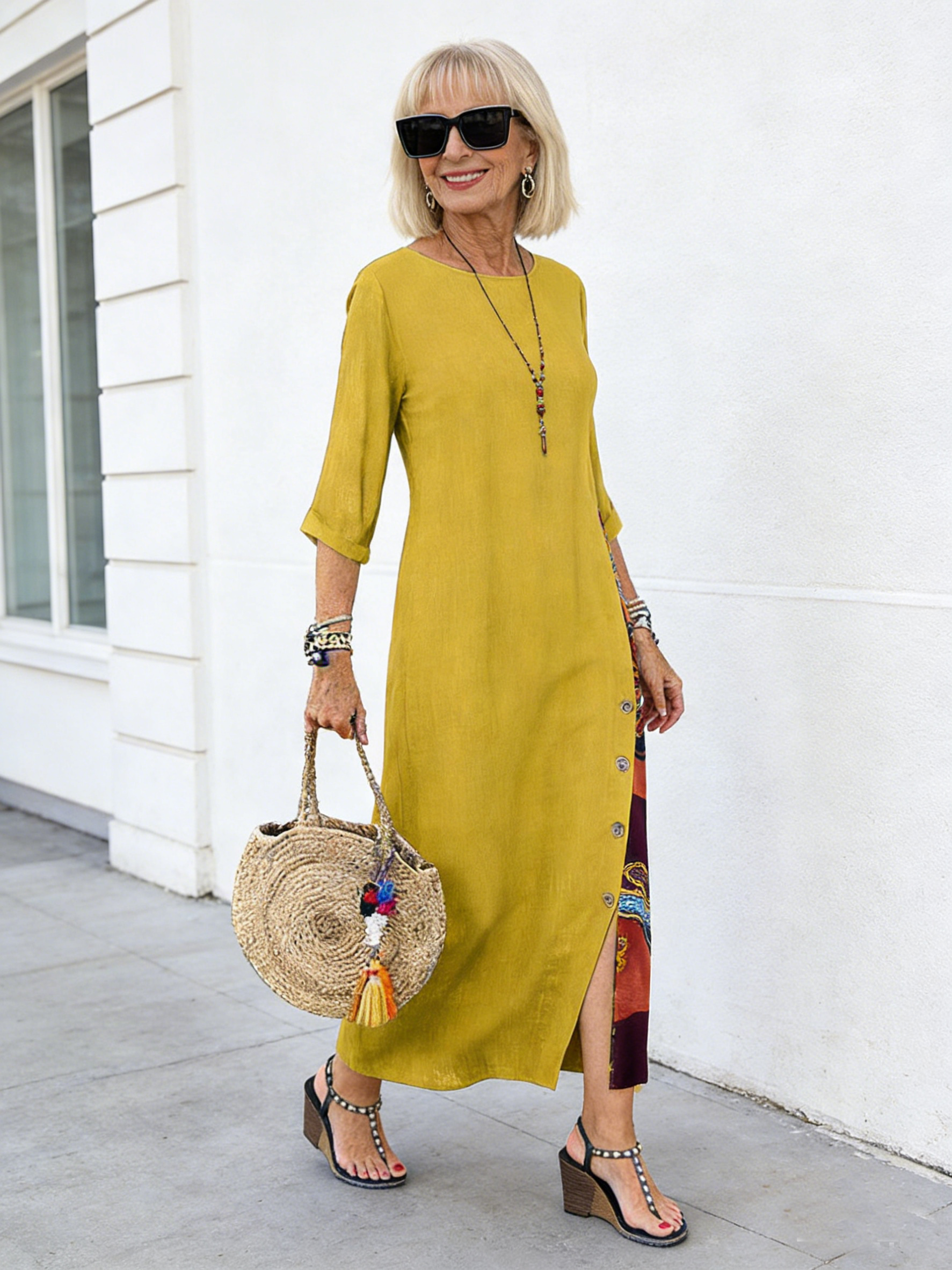 Floral round Neck Contrast Color Button Stitching 3/4 Sleeve Dress