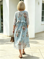 Blush Pink Floral Chiffon Maxi Dress, Round Neck Short Sleeve Loose Tummy Concealing Age-Reducing Dress for Mature Women