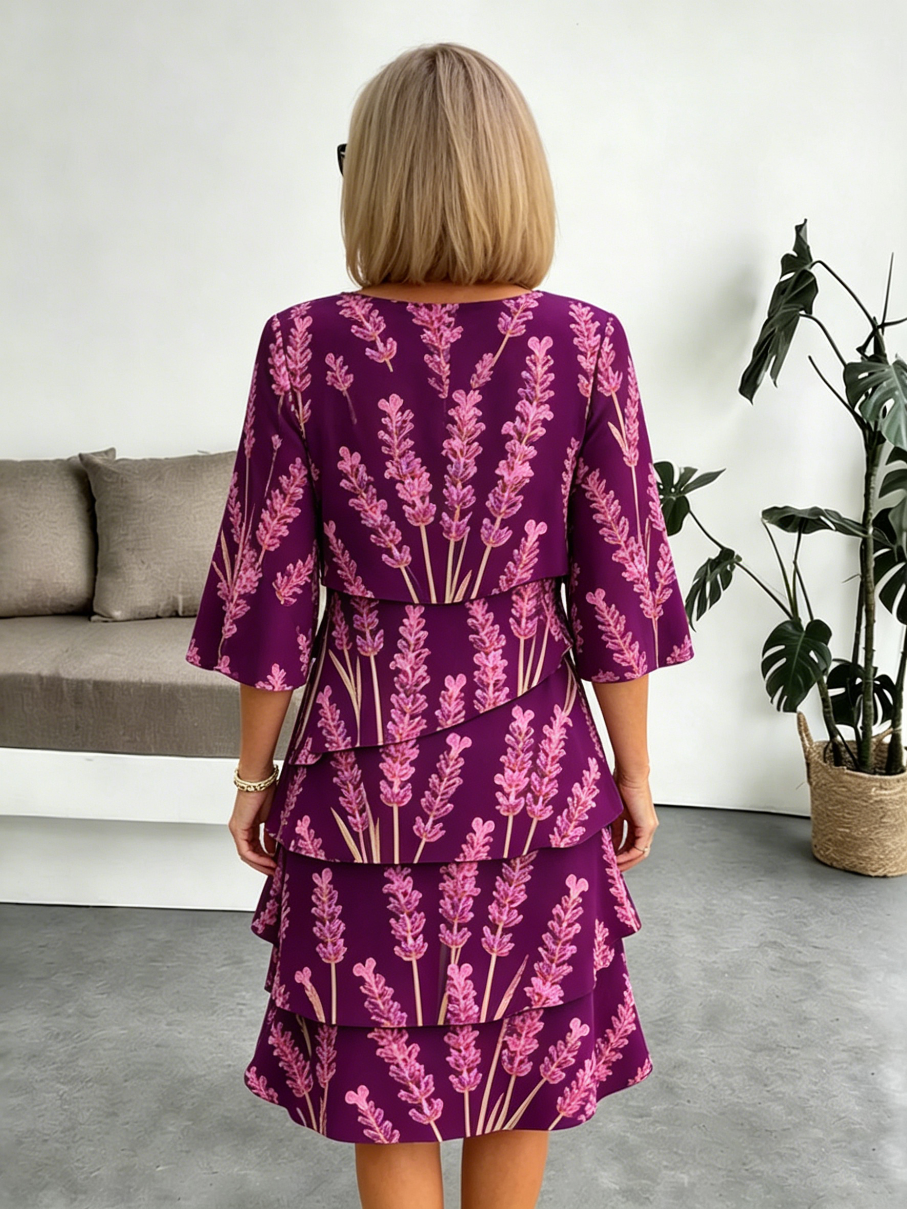 Lavender Chiffon Vacation Prints Color Round Neck Cake Skirt Splicing Dress Mid-length