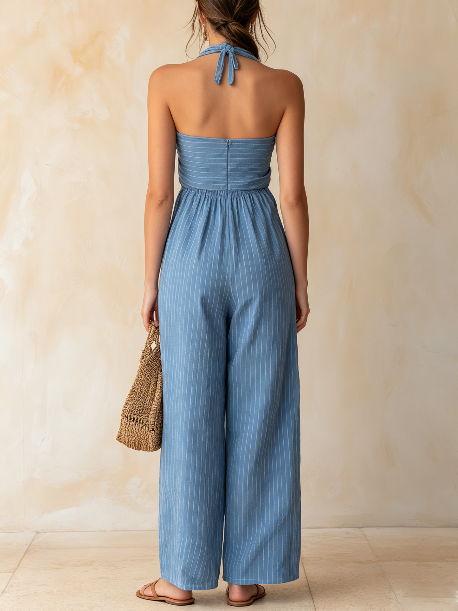 Blue Pinstripe Halter Neck Wide-Leg Jumpsuit With Keyhole Cutout