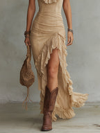 Boho Ruffled-Collar Lace Maxi Dress With High Slit