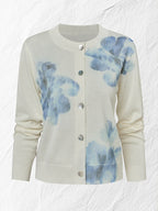 Wool Cardigan, Long Sleeves, Round Neck, Floral, Button Design, Vacation, Vintage, White