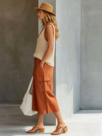 Casual Retro Mesh Knit Vest Caramel Cotton Linen Workwear Shorts Set