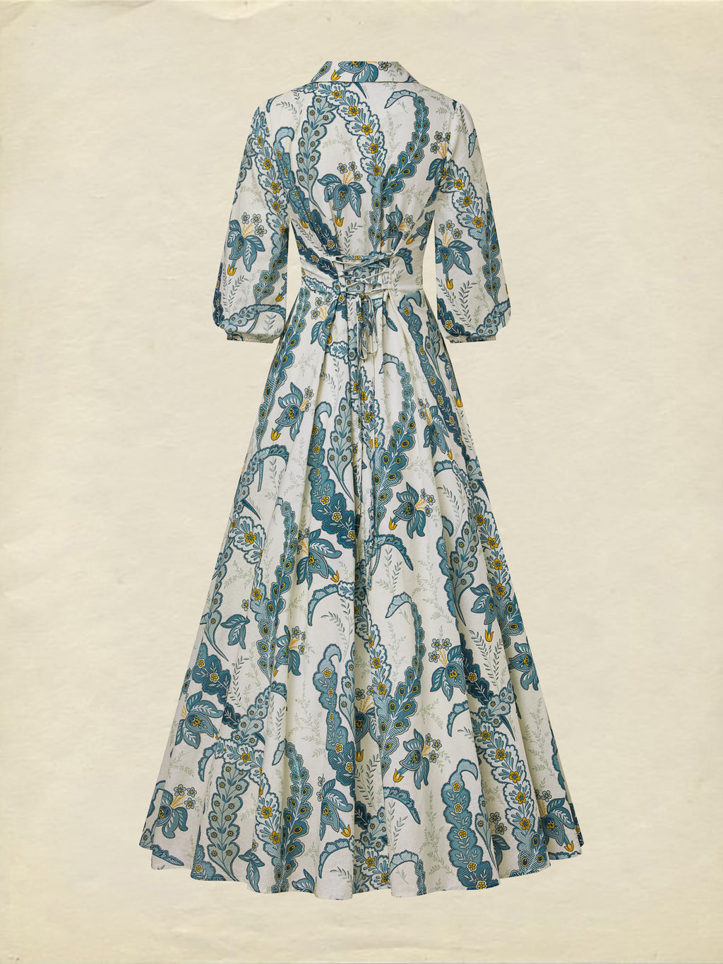 Maxi Linen Dress, Half Sleeve, Shawl Collar, Paisley, Button Design, Vacation, Vintage, White