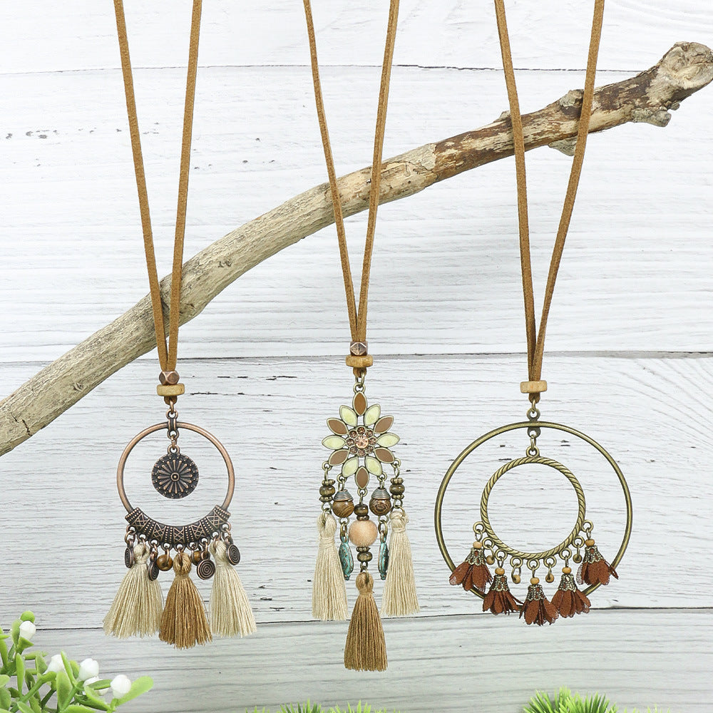3pcs Boho Ethnic Long Sundry Colors Tassel Pendant Necklaces For Women Retro Rhinestone Drip Oil Alloy Necklace