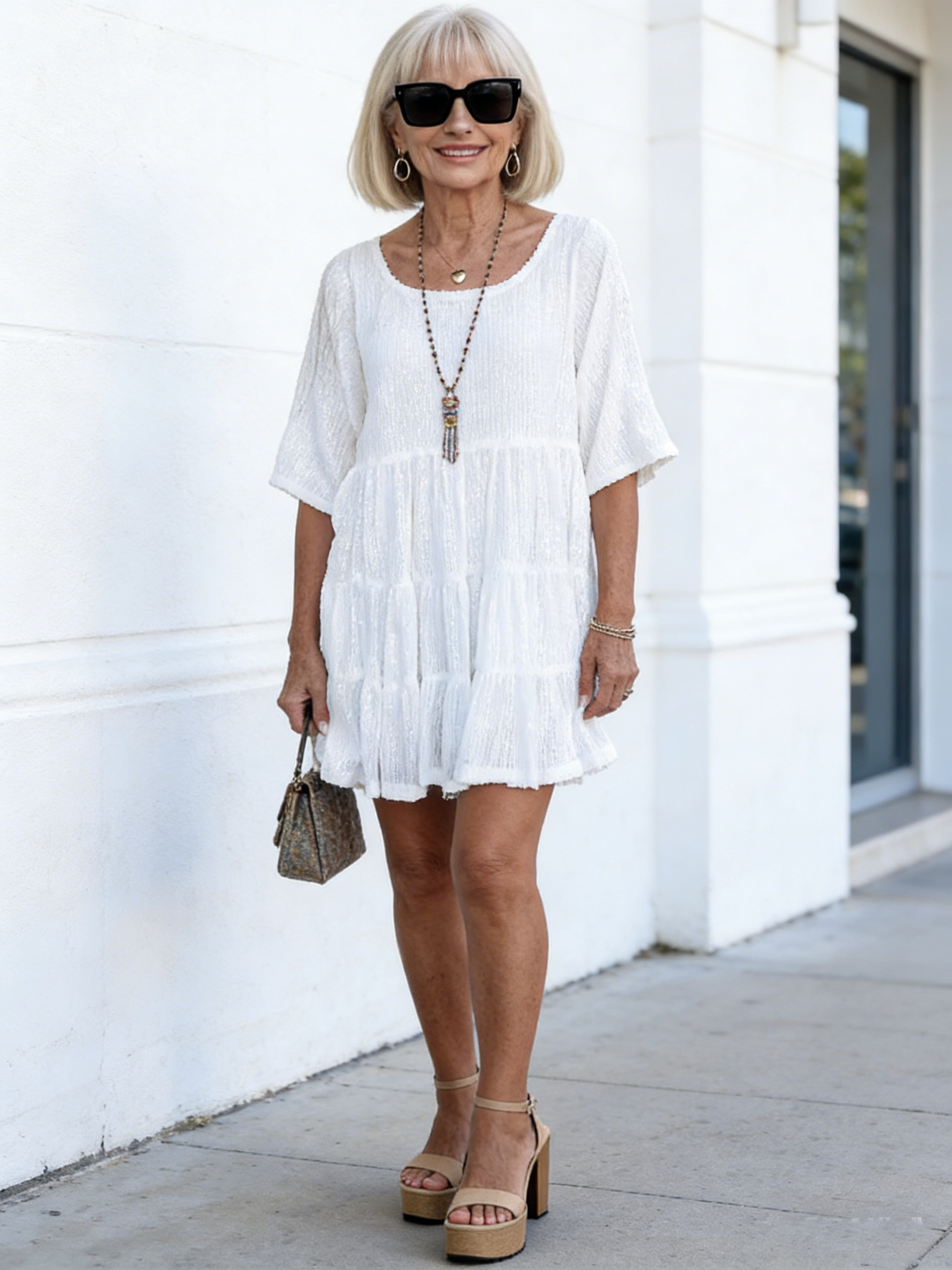 Solid Color Fashion Sequin Crew Neck Loose Waist Short Sleeve Dress Banquet Dress