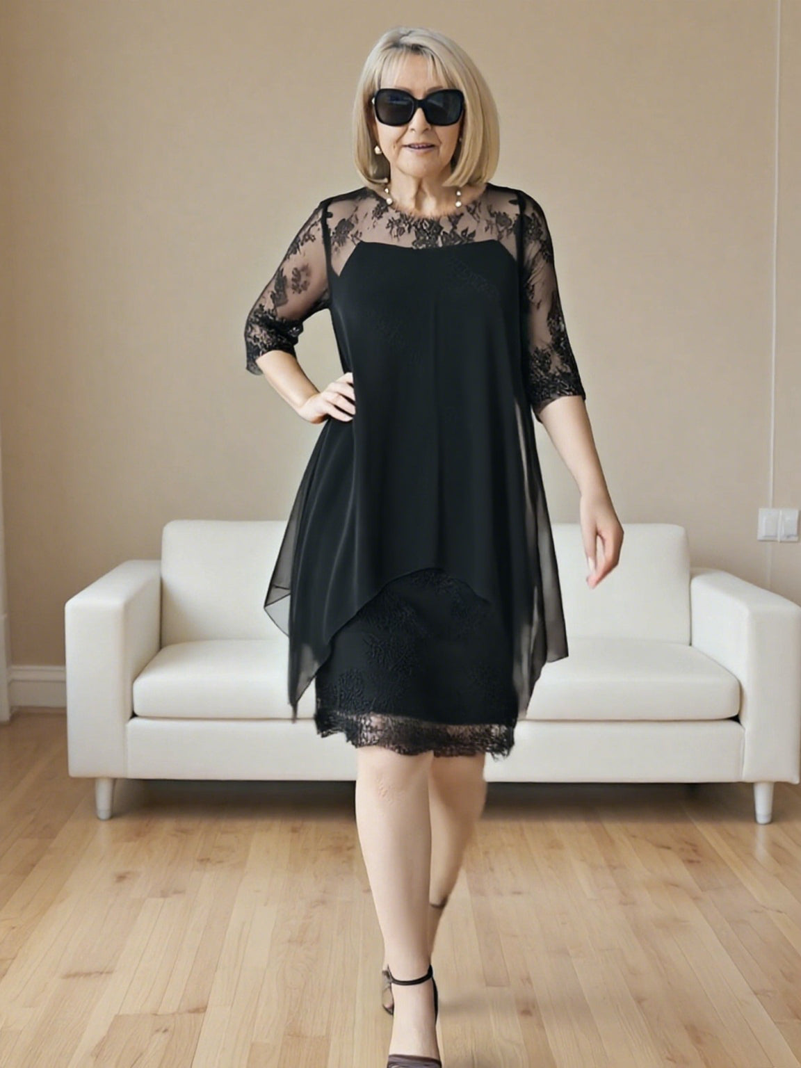 Elegant Lace Splicing Seven-quarter Sleeve Medium and Long Knee-length Chiffon