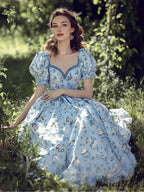 Maxi Linen Dress, Puff Sleeves, Crew Neck, Floral, Linen Blend, Blue