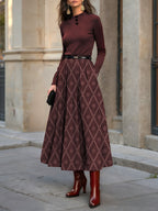 Midi Dress, Wool Top with Cotton Skirt, Long Sleeves, Stand Collar, Plaid, Belt Design, Vintage, Wine Red