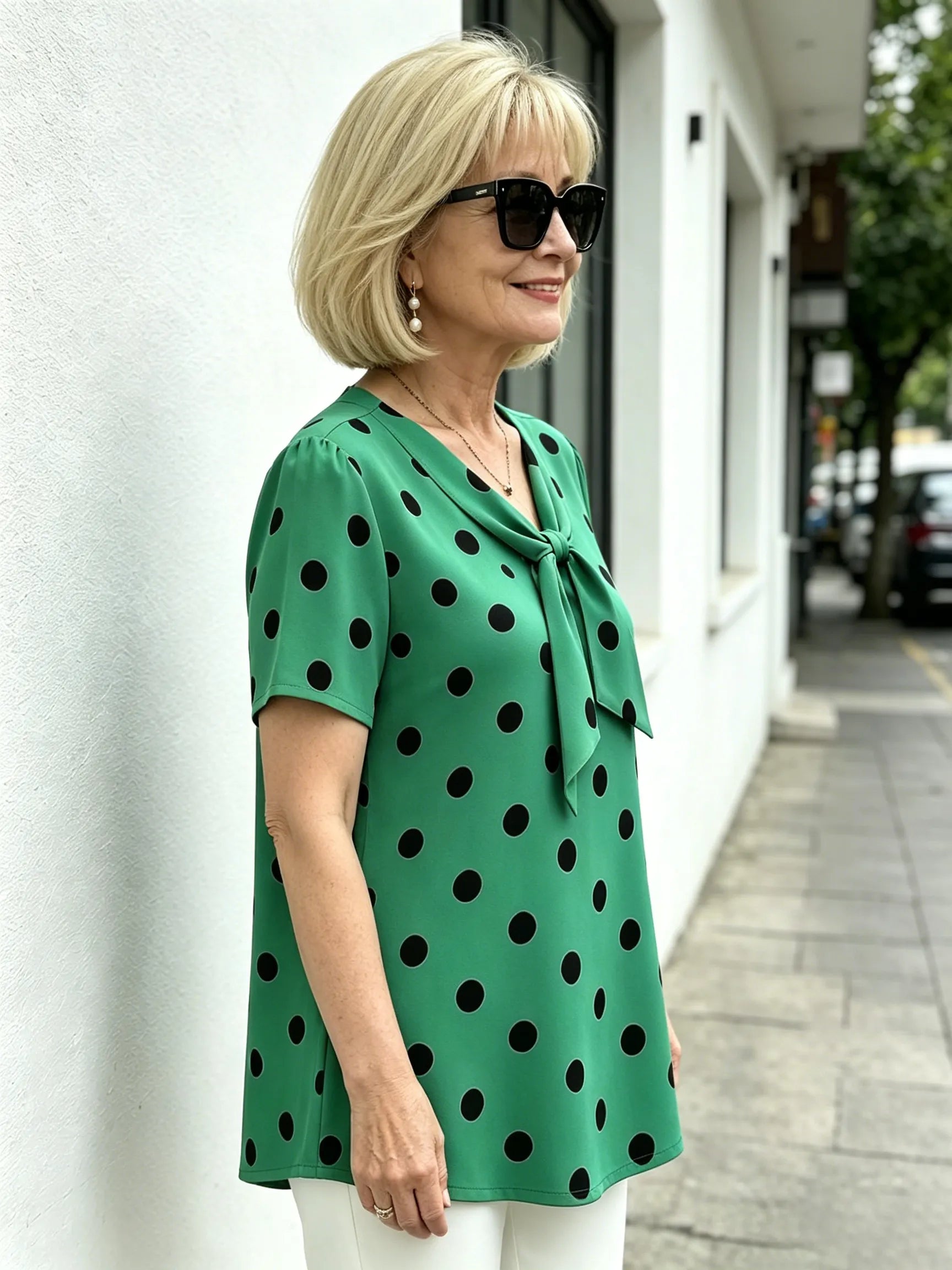 Yellow Polka Dot Chiffon Blouse, V Neck Front Tie Short Sleeve Loose Tummy Concealing Shirt for Mature Women