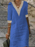 V-neck Mid-sleeved Cotton and Linen Casual Dress