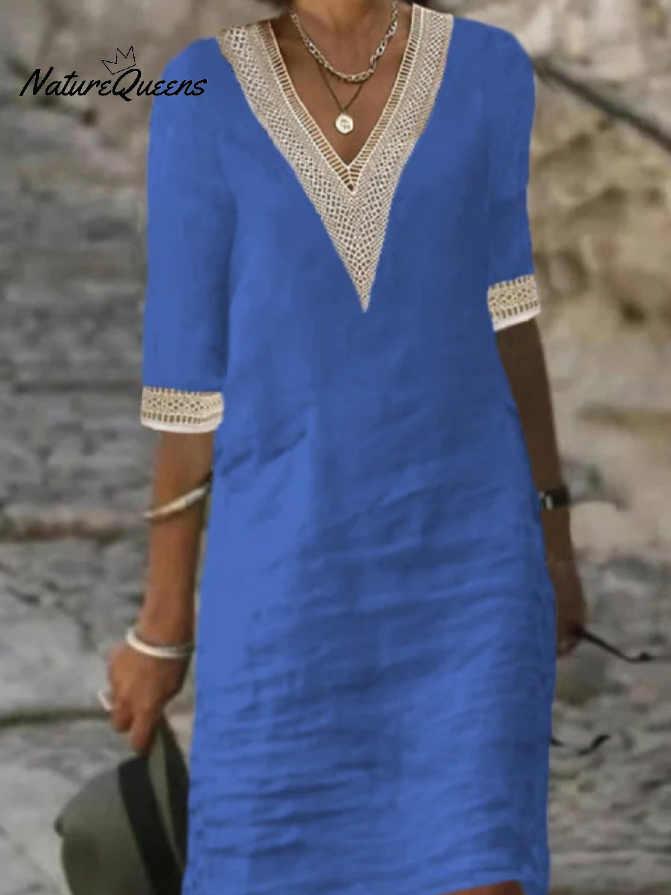V-neck Mid-sleeved Cotton and Linen Casual Dress