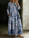 Women's Retro Blue Floral Splicing Long-sleeved Loose-fitting Casual Denim Dress