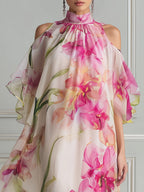 Floral Watercolor High-Neck Cold-Shoulder Maxi Dress